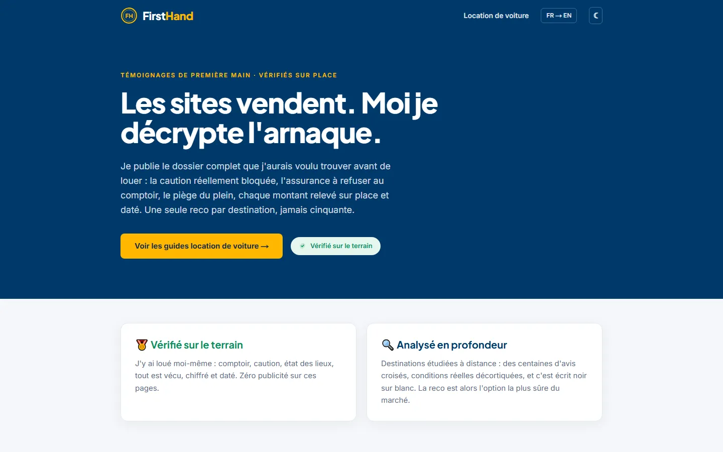 Page d'accueil du site usefirsthand.com, guides de location de voiture vérifiés