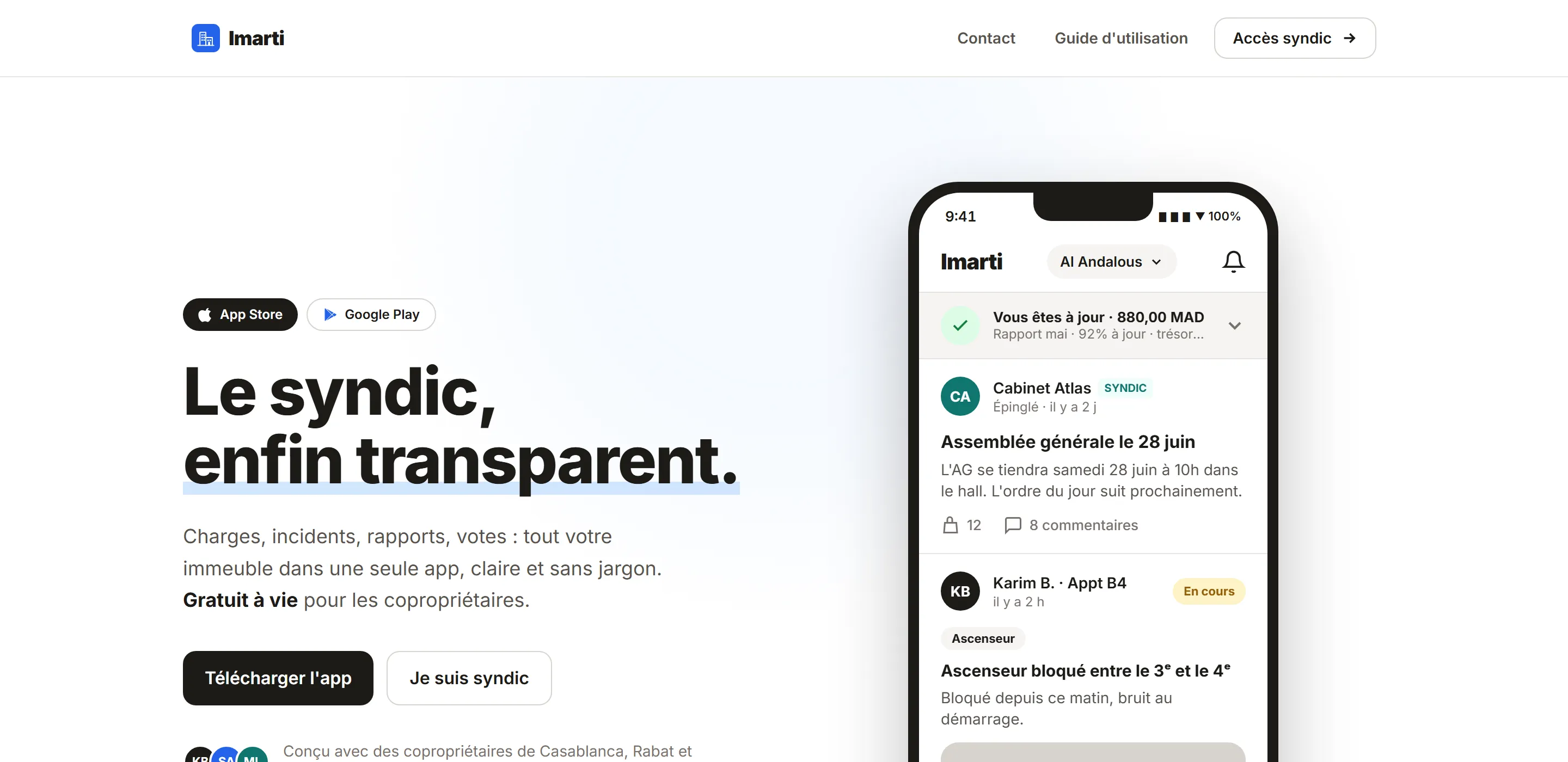 Page d'accueil du site imarti.ma, application de gestion de copropriété