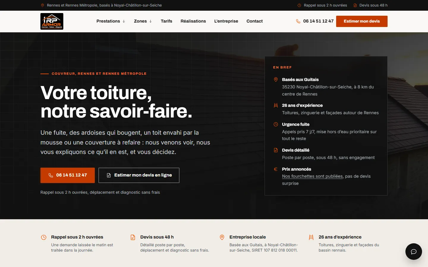 Page d'accueil du site rp-armor-couverture.fr, couvreur près de Rennes